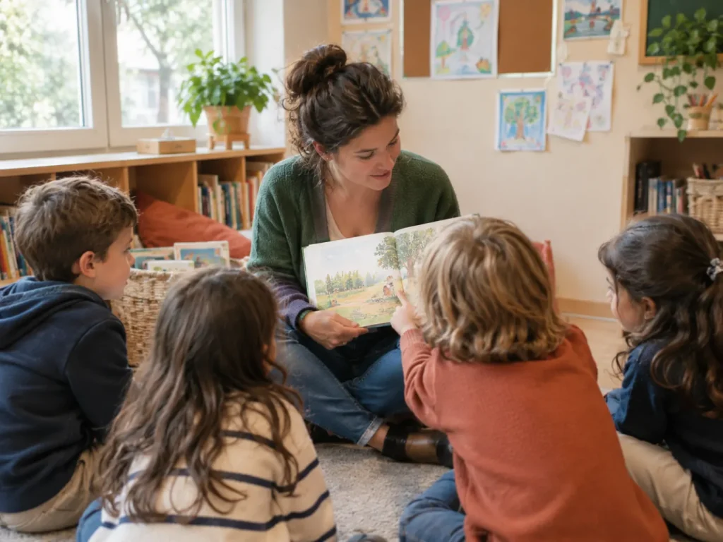 Maîtresse qui lit une histoire à ses élèves dans le coin lecture de la classe