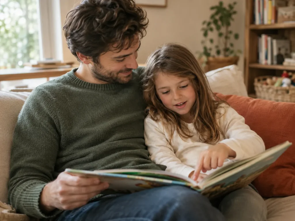 Parent et enfant qui lisent un album ensemble sur le canapé